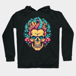 Skull with Flowers and Vaporwave Colors Hoodie